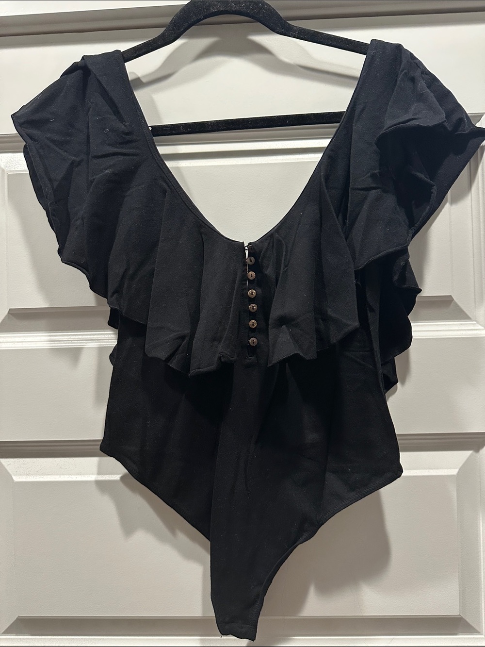 Free People Black Ruffle Button-Front Bodysuit